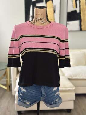 Vintage Knit Short Sleeve Striped Sweater in Pink and Black